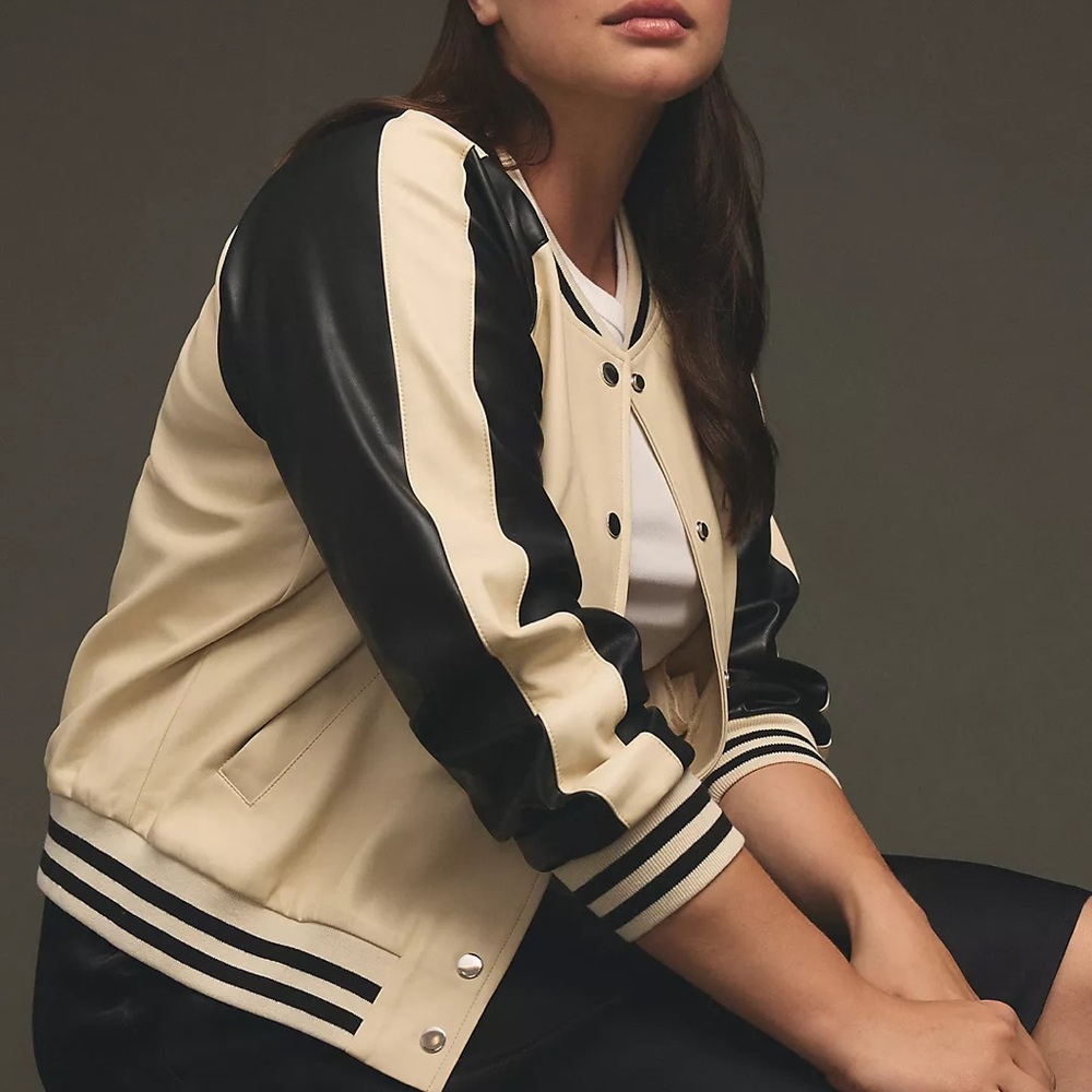 Anthropologie Cream and Black Varsity Jacket with Ribbed Collar